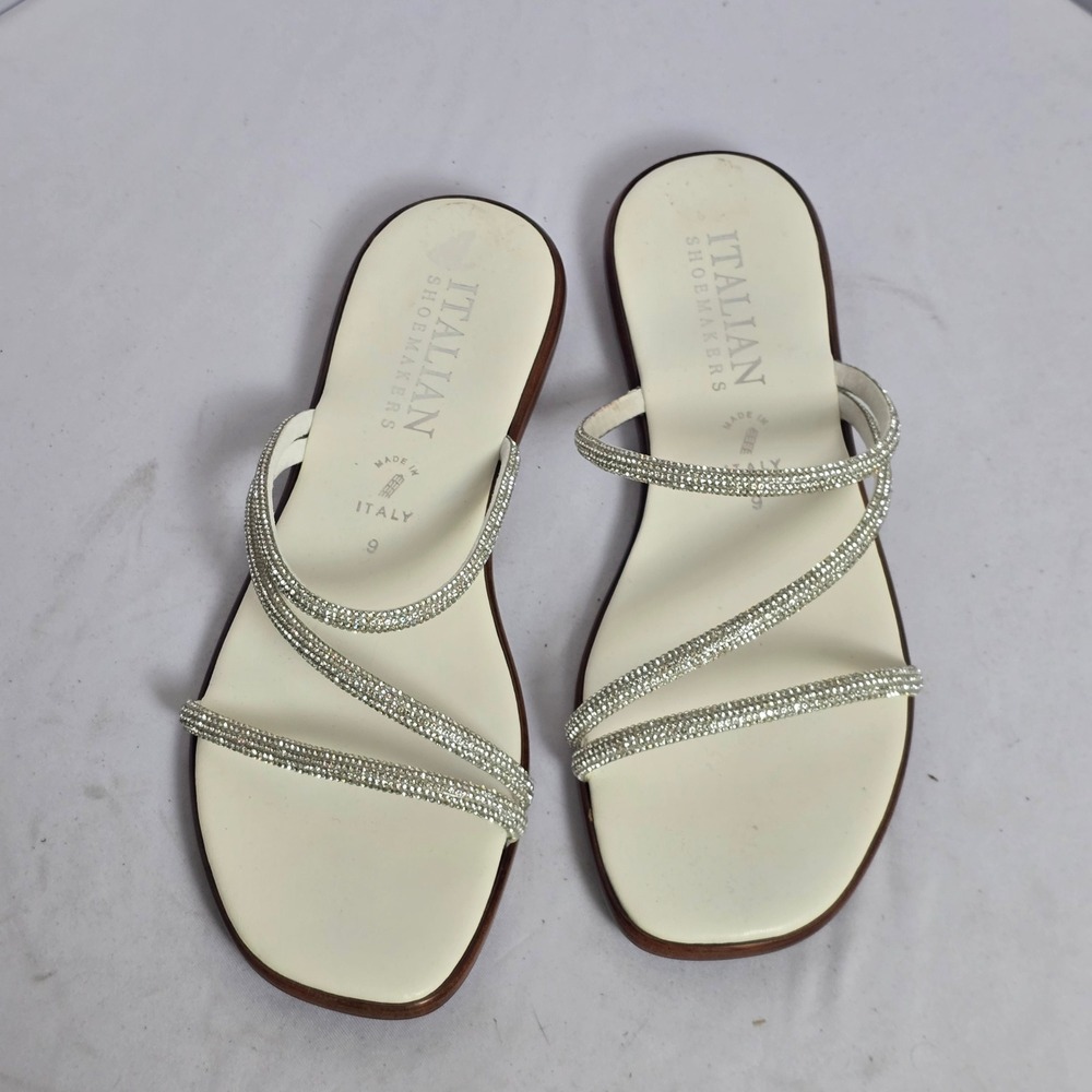 Italian Shoemakers Carvy White Rhinestone Strappy Slide Sandals Womens 9 Italy